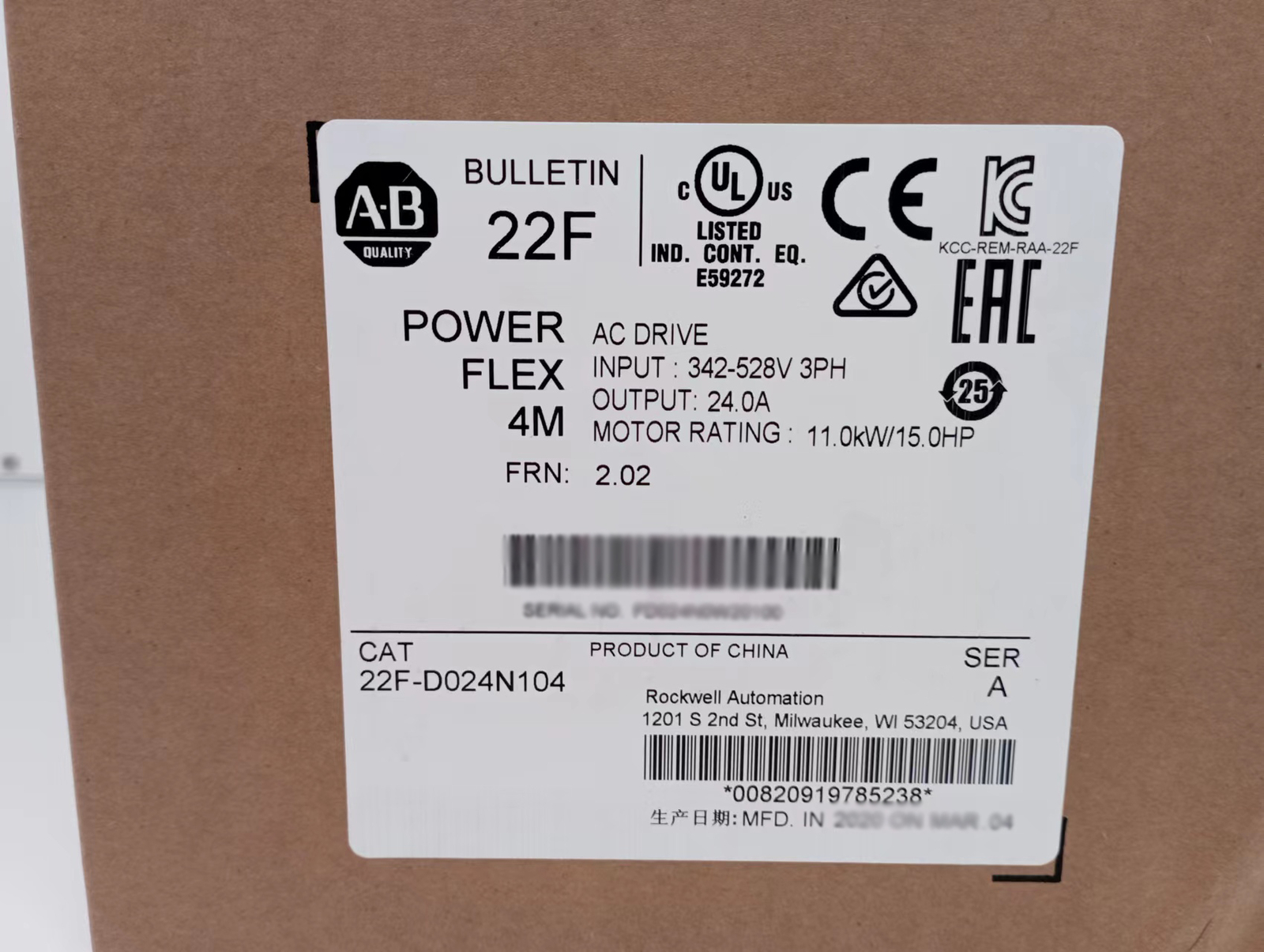Allen-Bradley 22F-D024N104 PowerFlex 4M 11 kW 15 HP AC Drive 22FD024N104