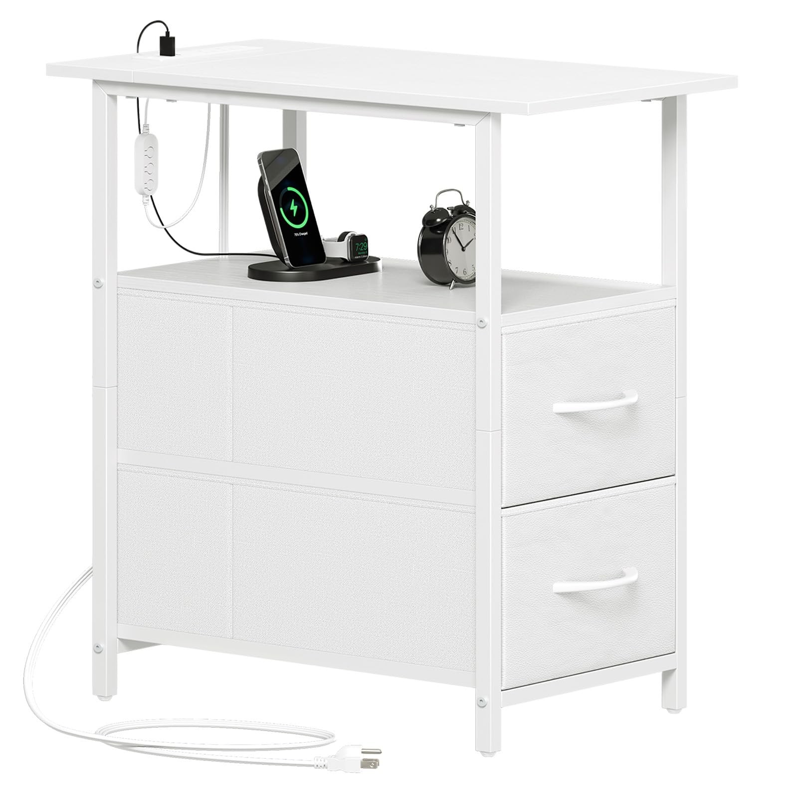 Somdot End Table with Charging 19.7"D x 11.8"W x 24.4"H, White Leather