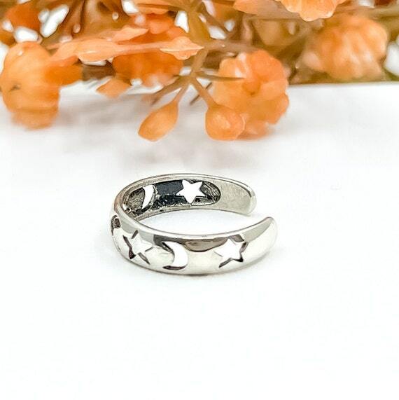 Moon Toe Ring 925 Sterling Silver Star and Moon Ring Adjustable Size