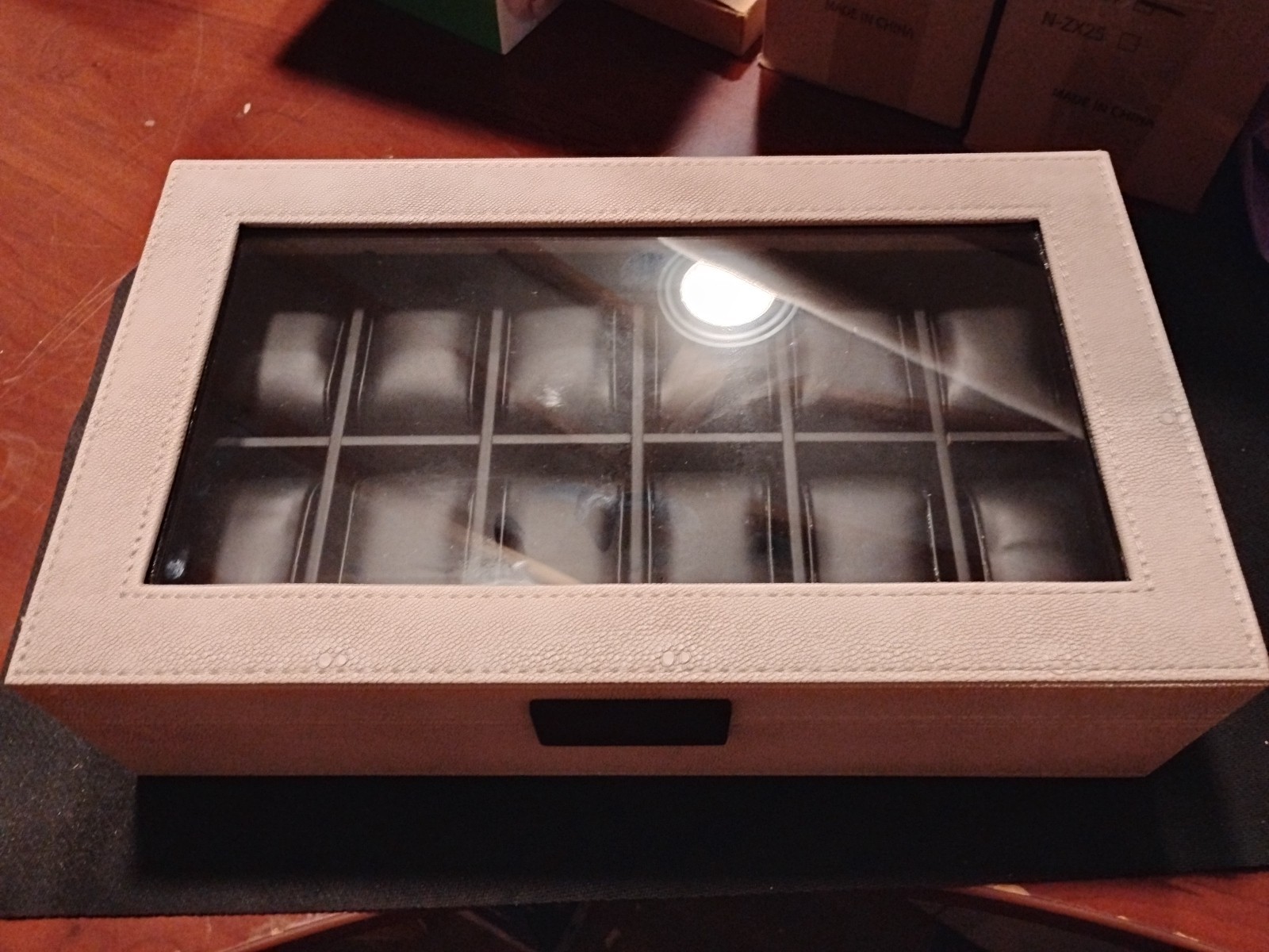 Watch Box Organizer 12 Slot Pu Shaugreen Leather Glass Top Ivory Watchcase Black