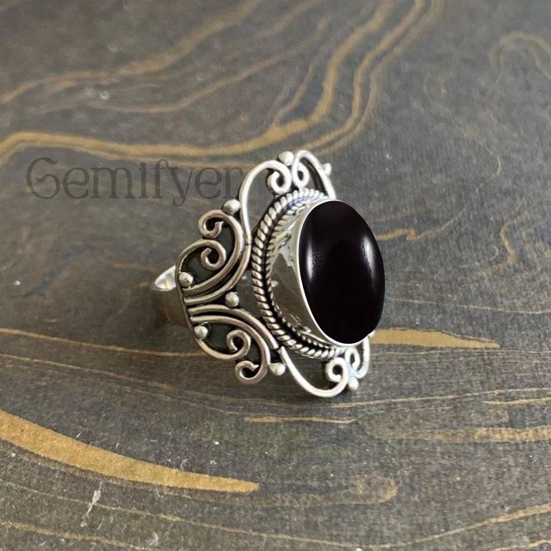 925 Sterling Silver Natural Onyx Gemstone Women Ring Vintage Handmade Jewelry