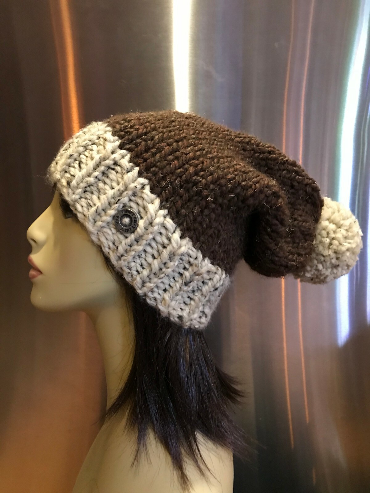 Chunky Unisex Dark Brown Bark With Beige Tweed Brim Hand Knit Slouchy PomPom Hat