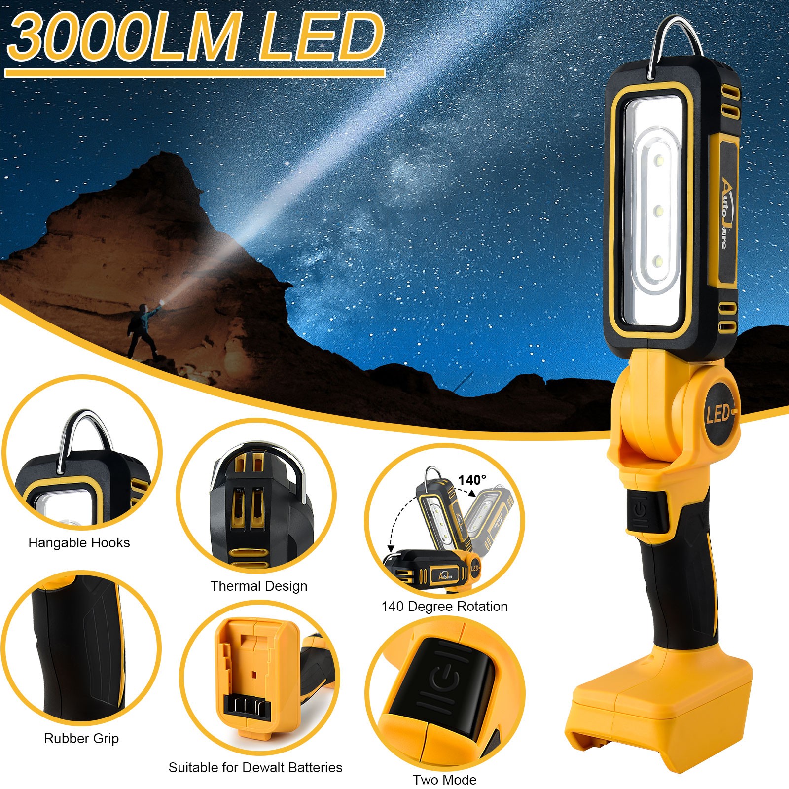 3000LM LED Work Light Flashlight 30W Spotlight For DeWalt 20V MAX Li-Ion Battery