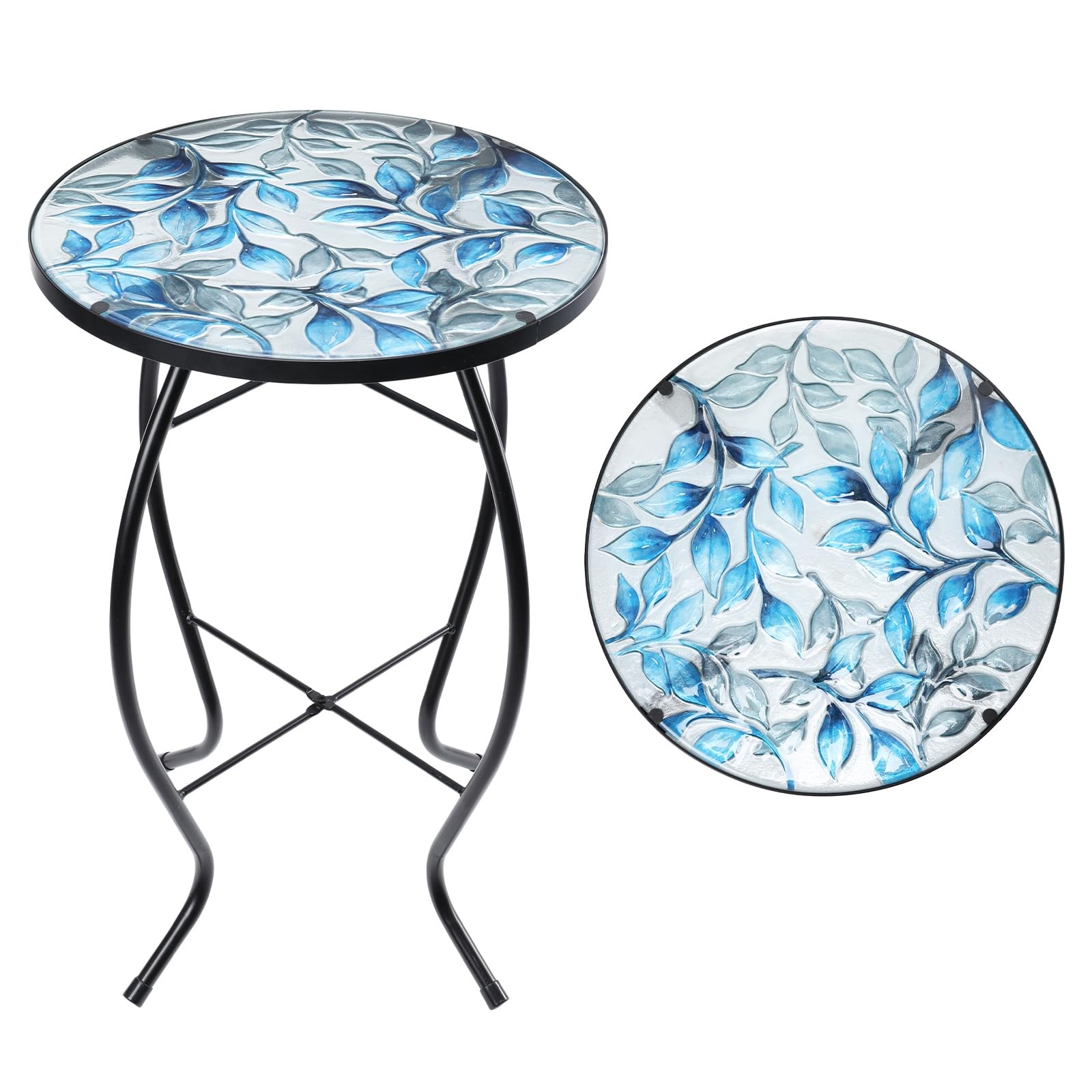 Side Patio Tables-Mosaic Outdoor Side Table - 14’’ Blue and Transparency Leaf...
