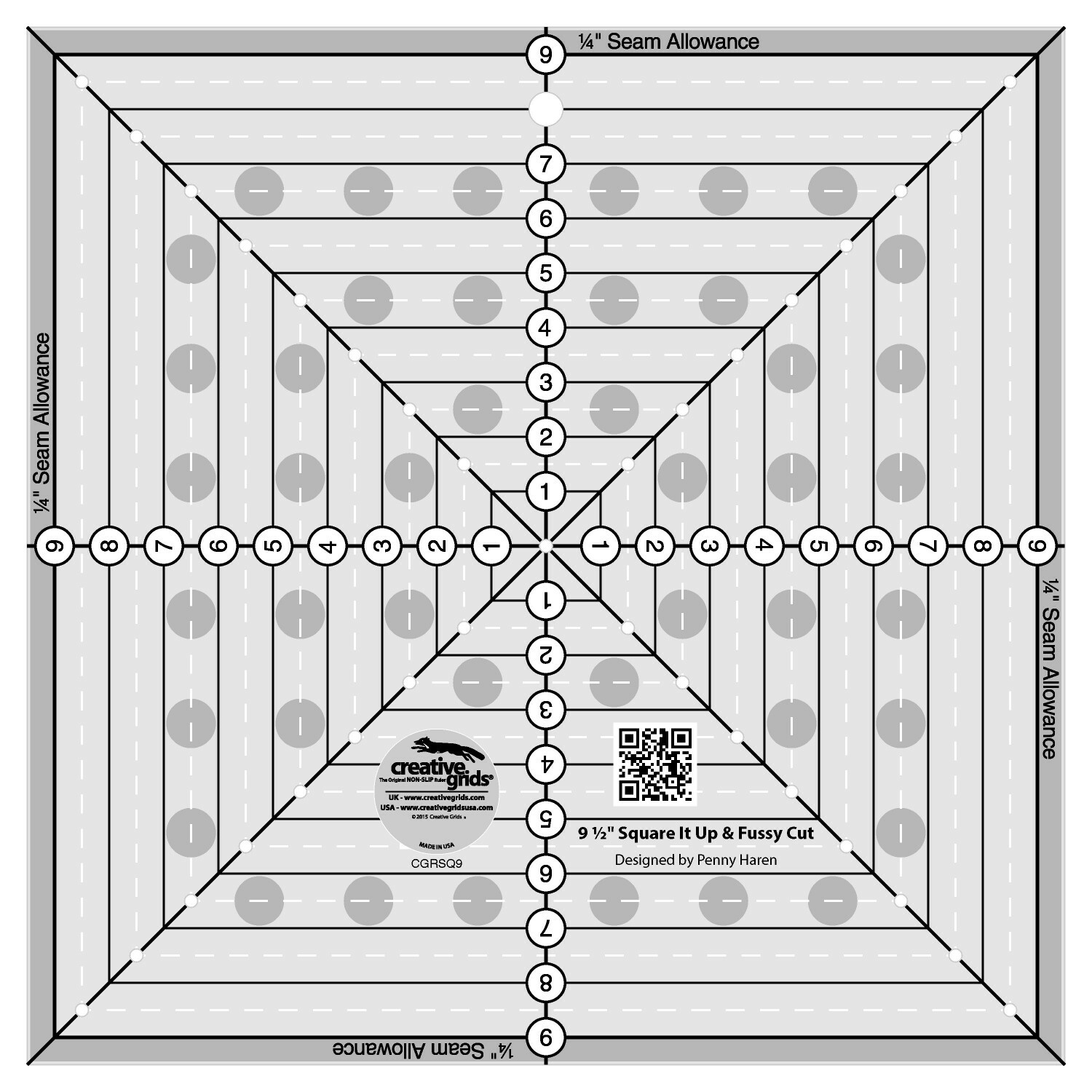 Creative Grids 9-1/2in Square It Up or Fussy Cut Square Quilt Ruler CGRSQ9