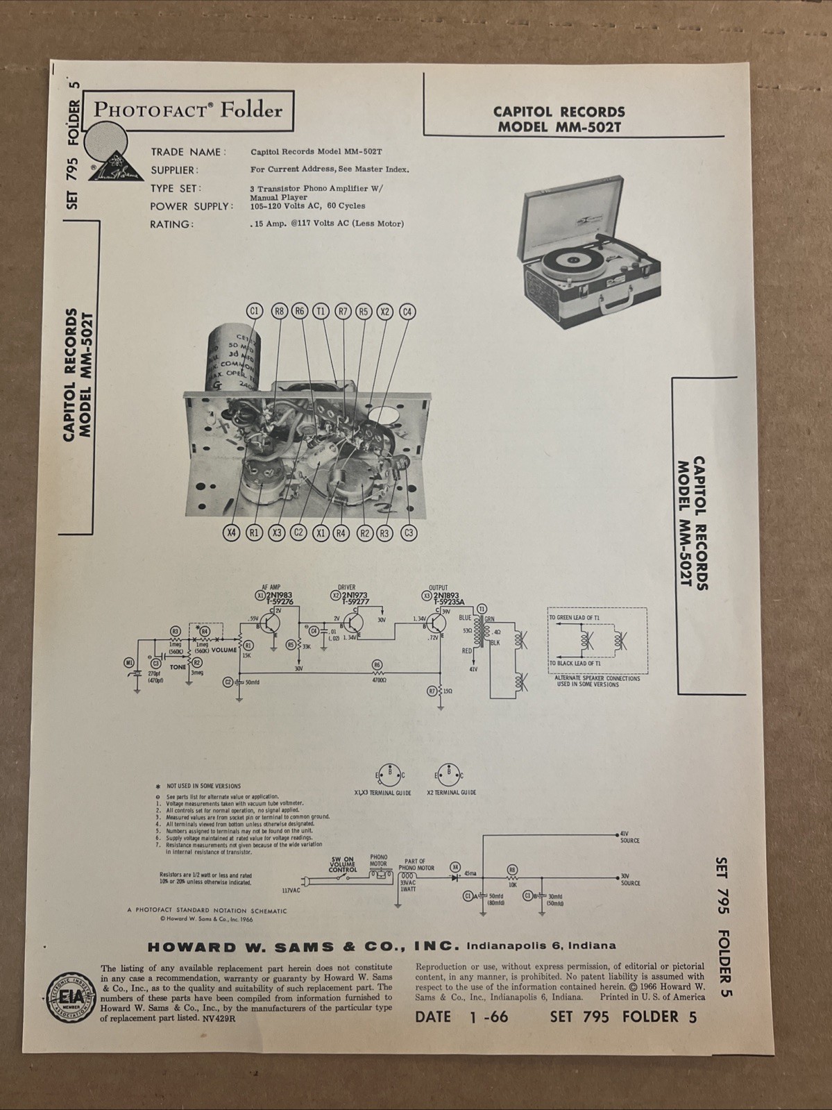 Vintage Sams Photofact Schematic 1-1966 CAPITOL RECORDS MODEL MM-502T