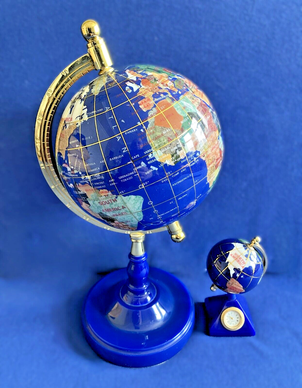World Map Globe Tabletop Decor, blue lapis & gemstones, 12.5” tall, 6" diameter