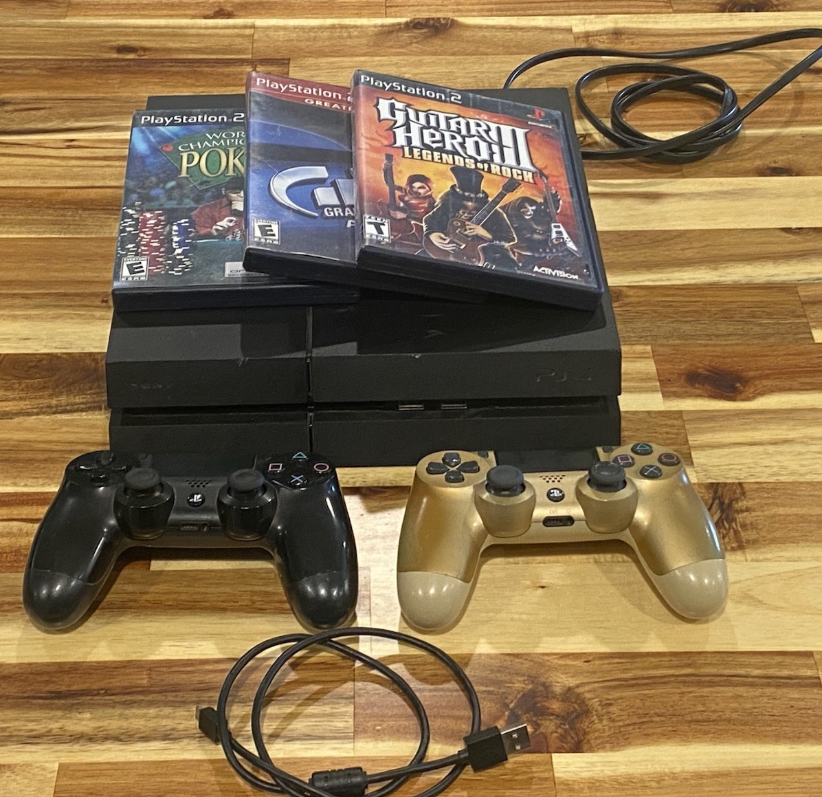 PS4 Console CUH-1215A, 2 Wireless Controllers, 3 PS2 Games FOR PARTS OR REPAIR