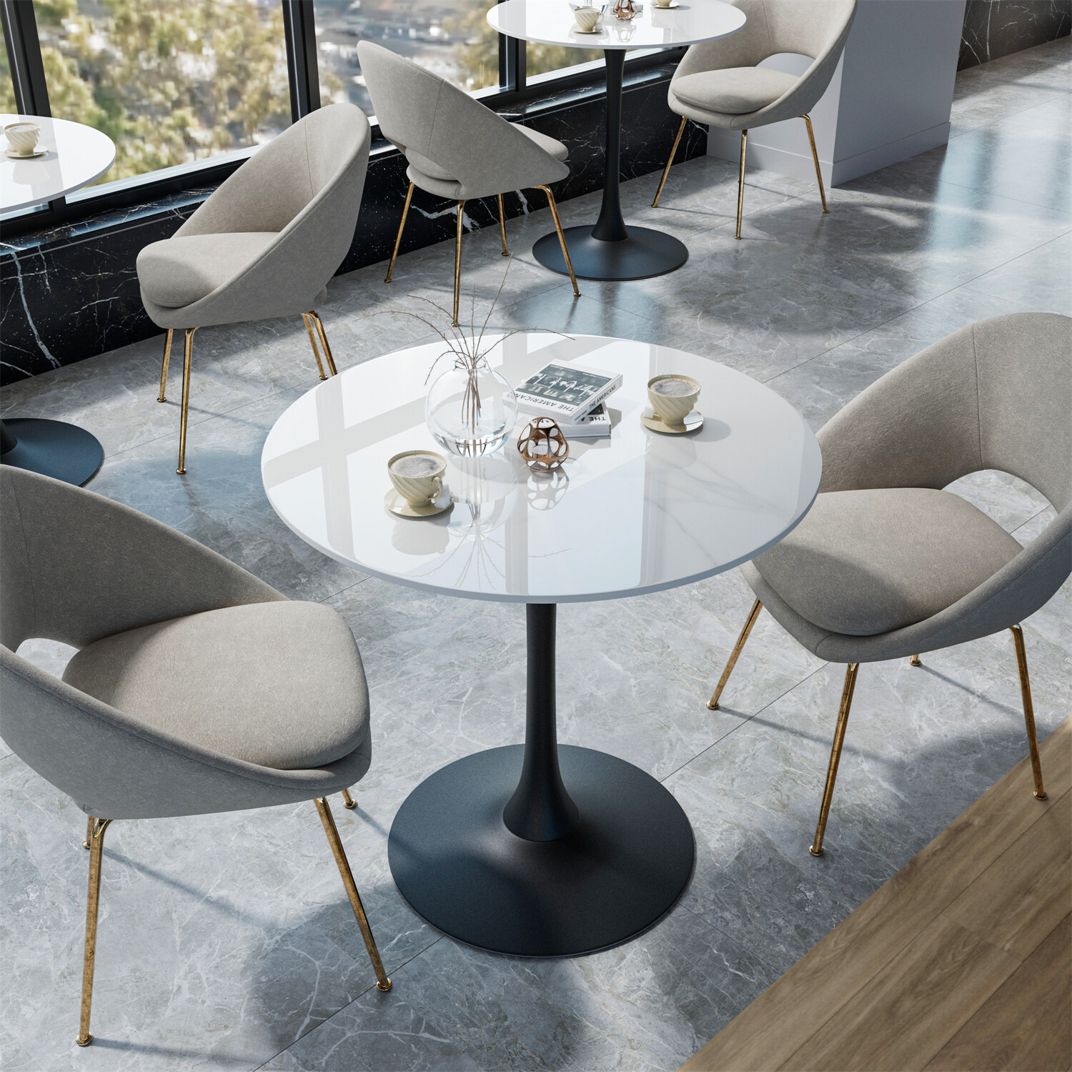 30” Diameter Round Kitchen Dining Table Bar Bistro Table Stone Top Metal Base