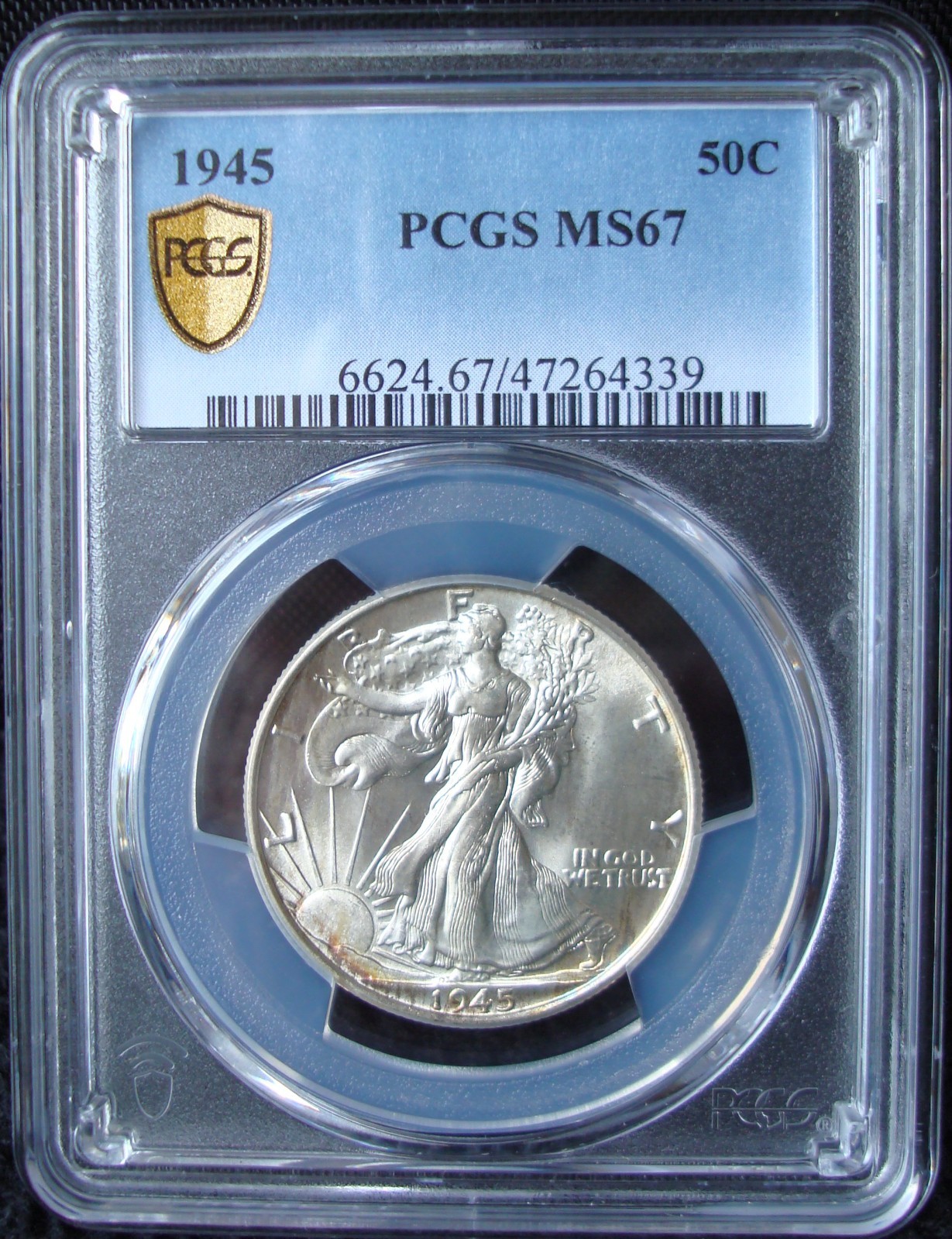 1945 Walking Liberty Silver Half Dollar - PCGS MS 67 - Gold Shield