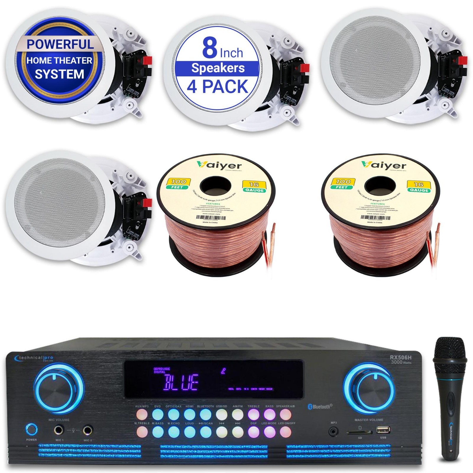 Home Theater System 2000W Bluetooth Amplifier 4x 8in Ceiling Speakers Mic Remote