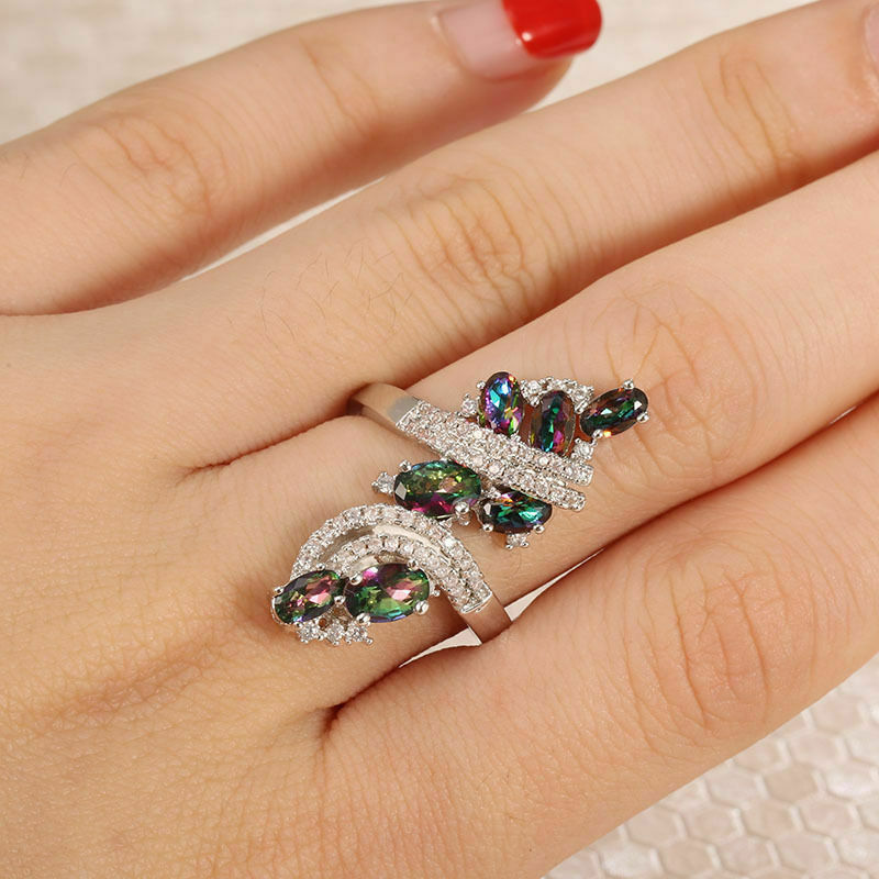 925 Sterling Silver Rainbow Mystical Fire Topaz Wedding Engagement Ring Size 9