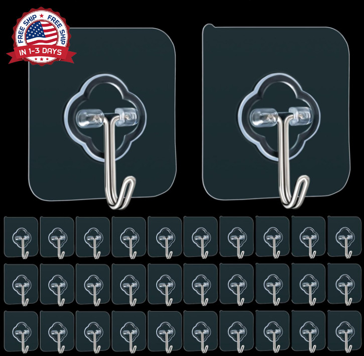 32 Pack Adhesive Wall Hooks Clear Heavy Duty Reusable Waterproof Towel Hanger