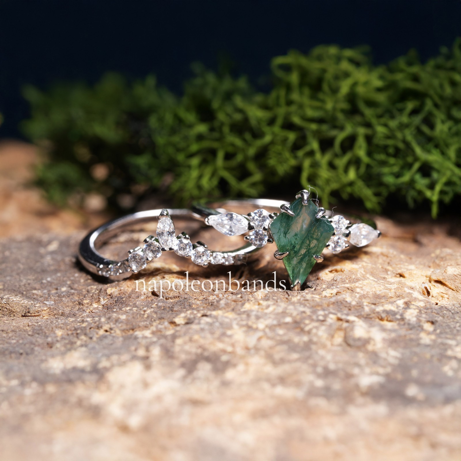 Kite Cut Green Moss Agate Ring Sterling Silver, Stackable Engagement Ring