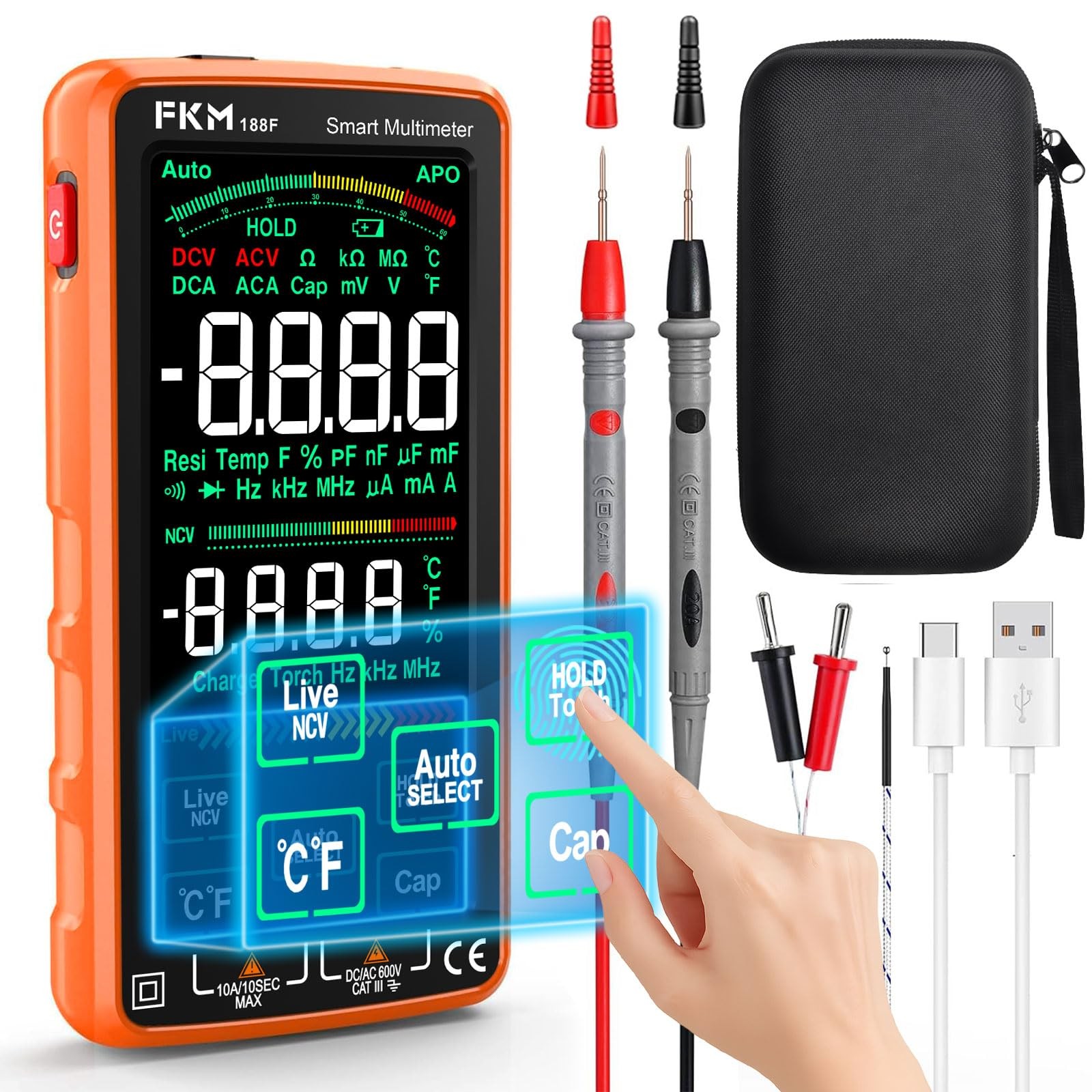 FKM Pro Digital Multimeter Tester,Compact & Rechargeable 6000 Counts, orange