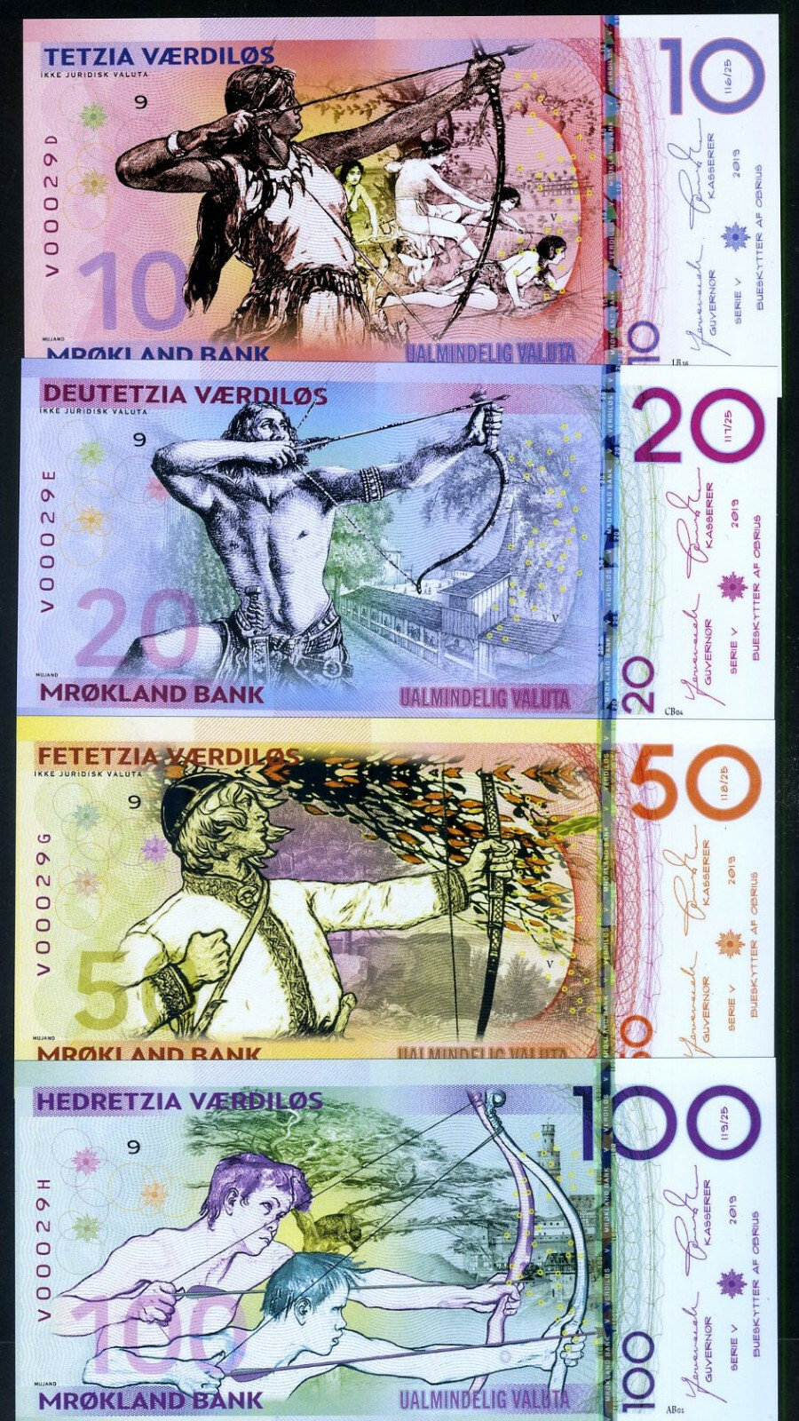 SET, Mrokland 10;20;50;100 Vaerdilos, Private Issue Polymer 2019 - Archers F