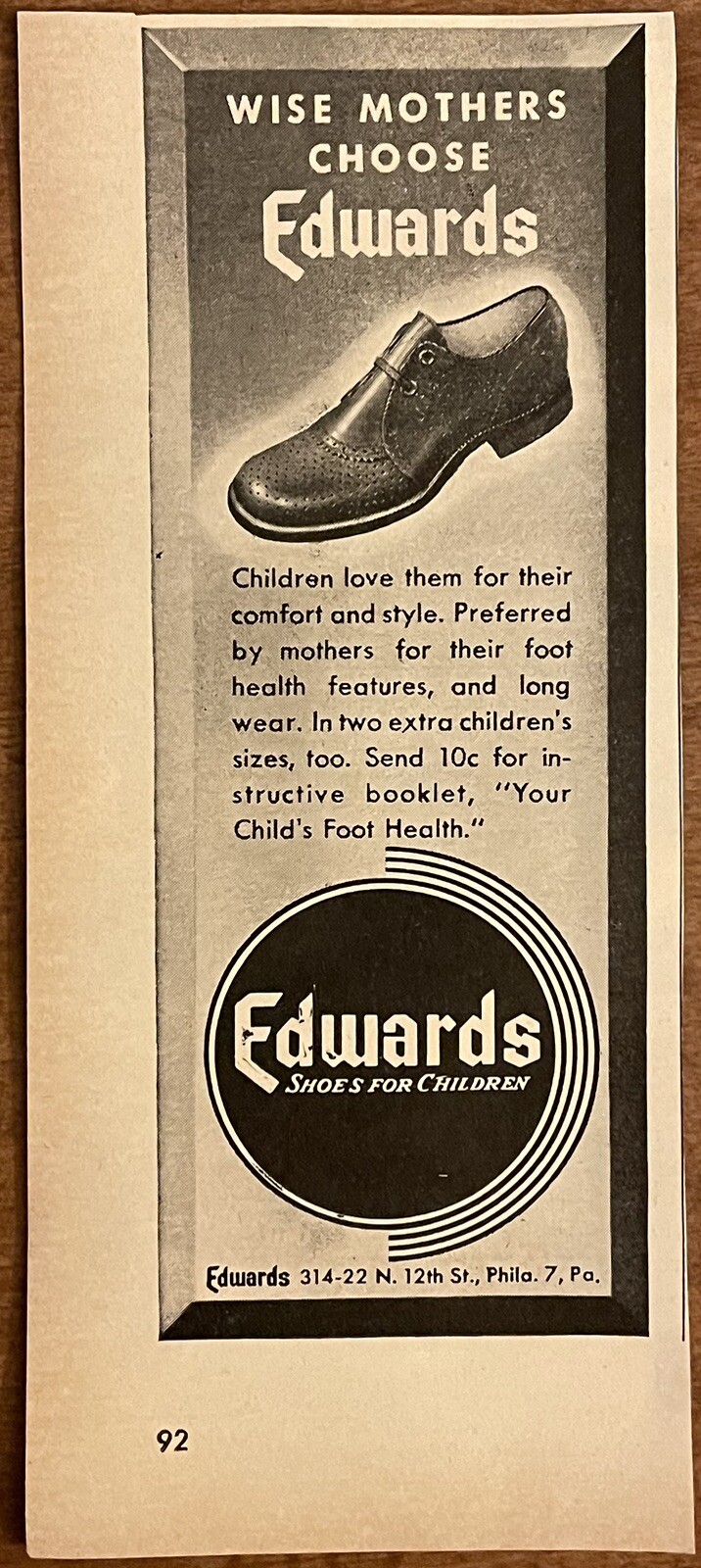 1948 Edwards Shoes For Children Wise Mothers 1/8-Pg Small Vintage Print Ad