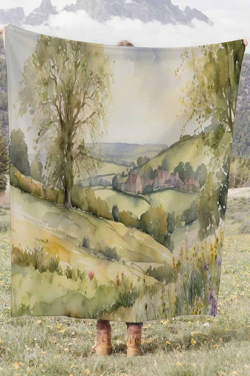Watercolor Landscape Trees Coral Fleece Soft Throw Blanket Rustic Elegant