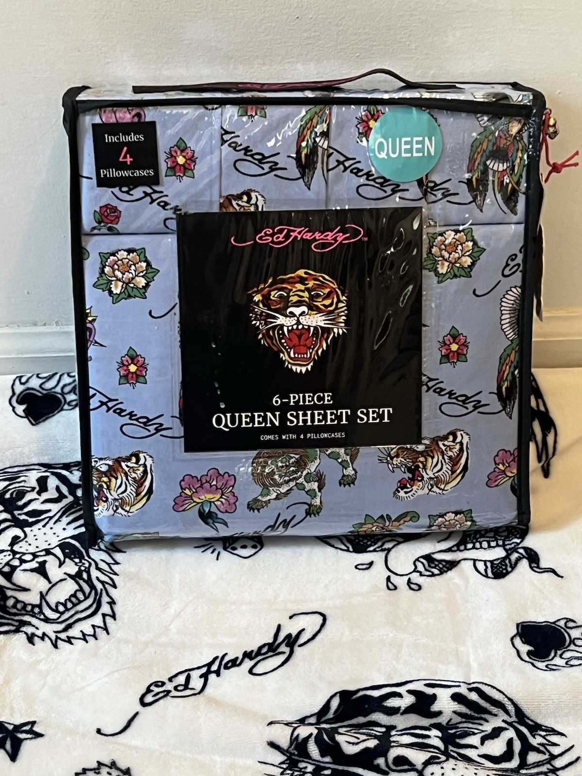 Ed Hardy Queen 6pc Blue Sheet Set Tiger Foo Dog Flowers Eagle Rose MWT