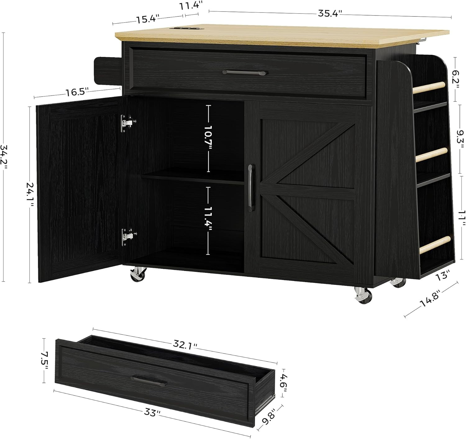 Rolling Kitchen Island Cart with Storage & Power Outlet - Black