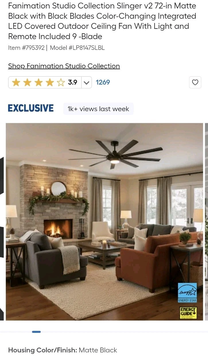 Fanimation Slinger v2 72-in Ceiling Fan with LED Light and Remote Control -Black