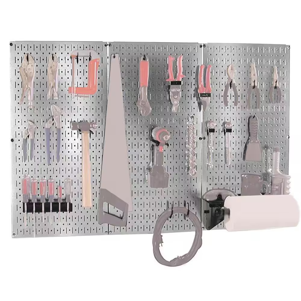 32 In. X 48 In. Shiny Metallic Galvanized Steel Pegboard Basic Tool Organizer Ki