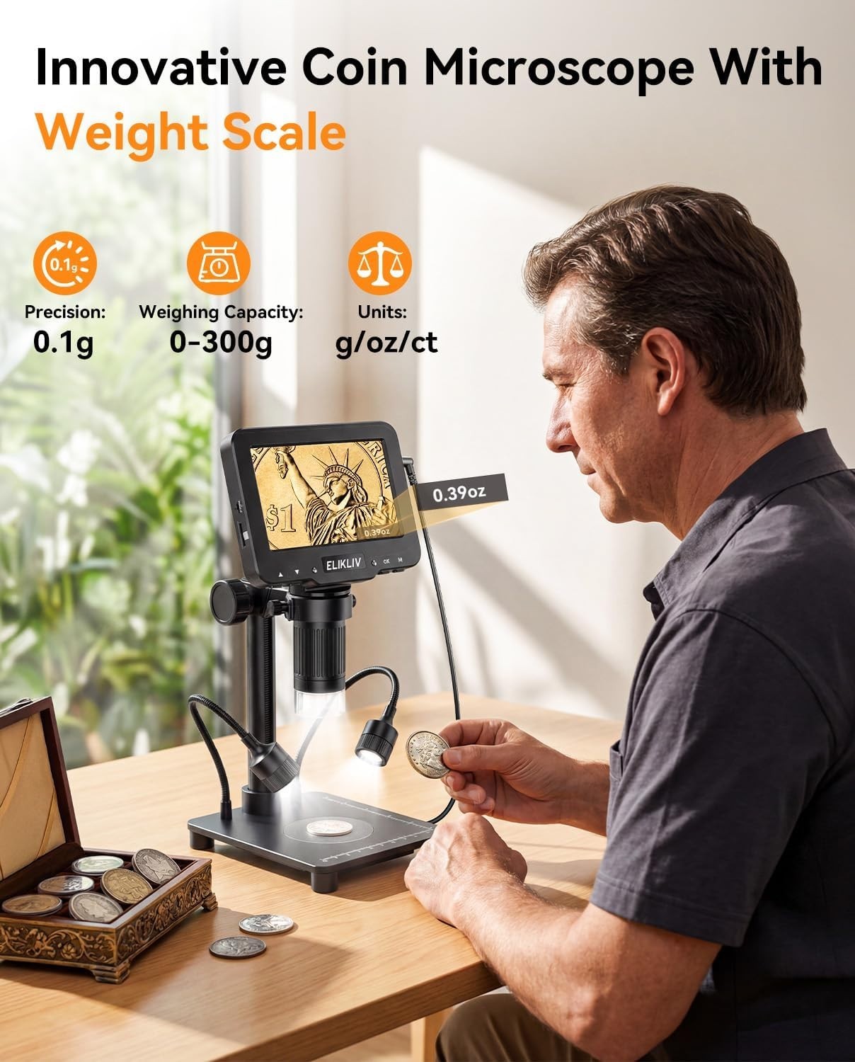 Coin Microscope 0.1g Scale 1000X Magnification 4.3" IPS Screen