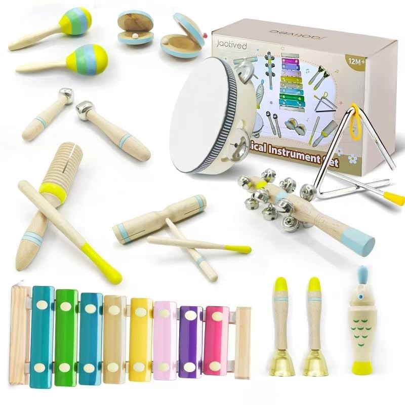 15Pcs Musical Toys for Toddlers 1-3, Baby Musical Instruments Set, Wooden Mon...
