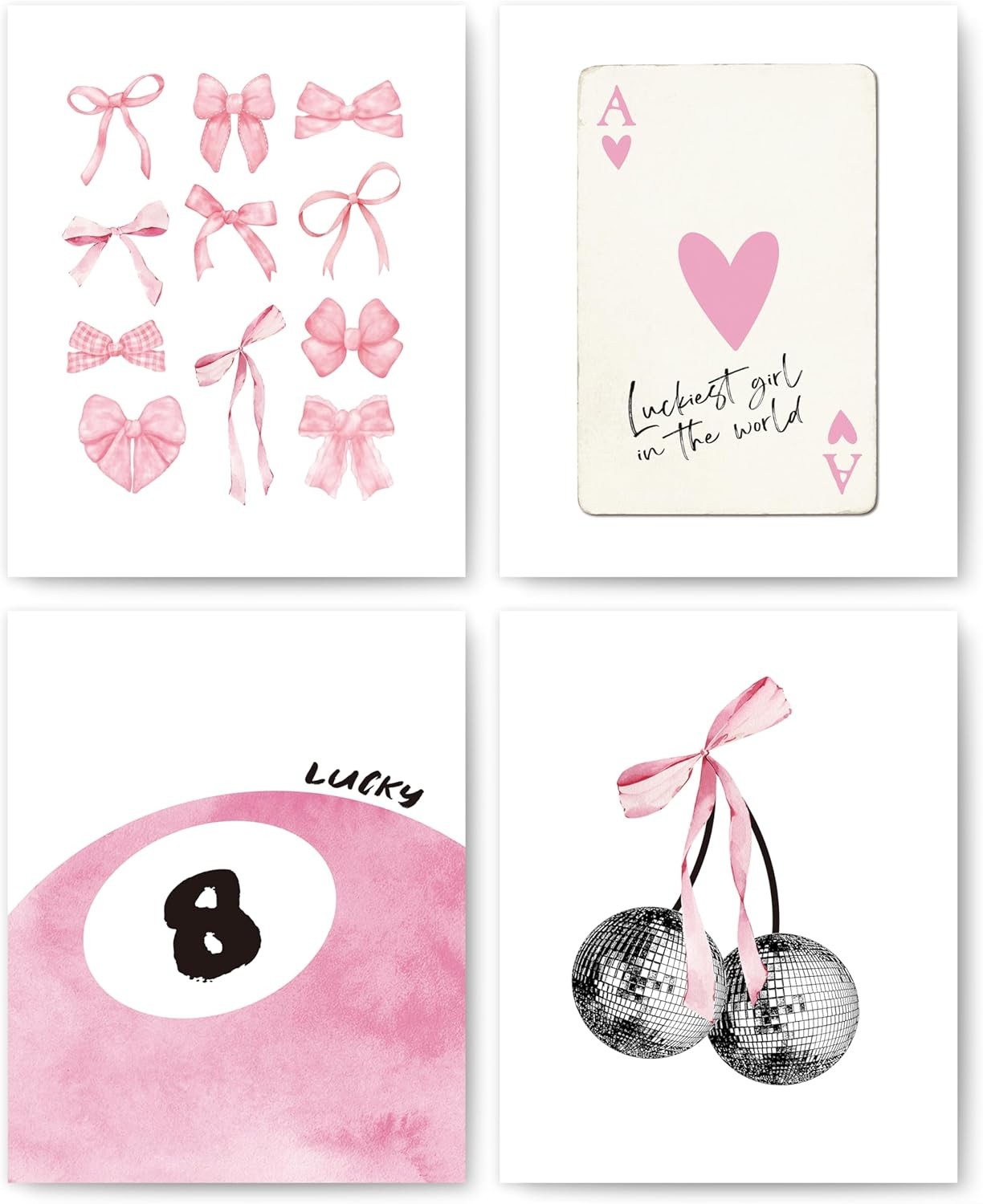 Pink Coquette Trendy Preppy Wall Art Prints Set of 4, 8x10, pink