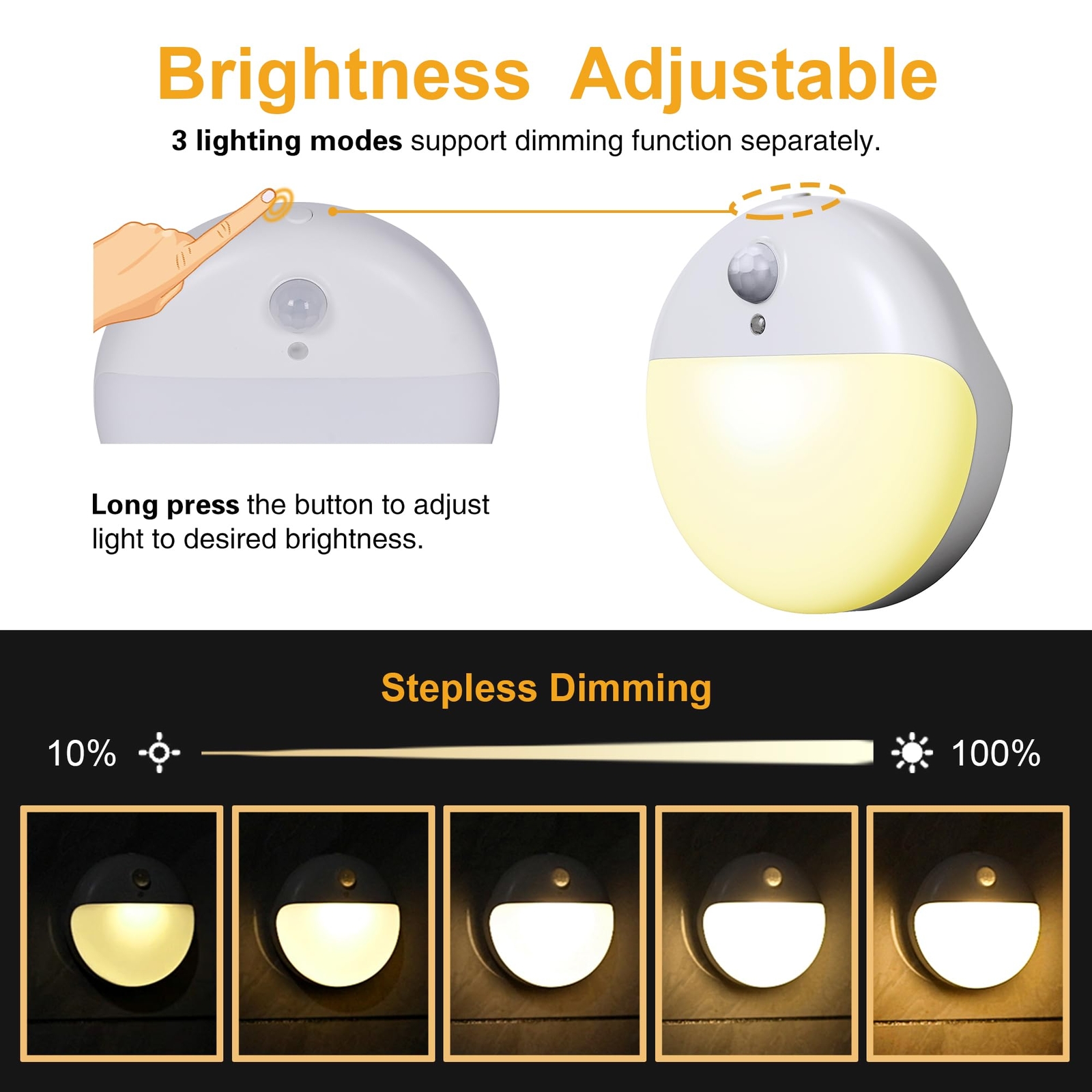 2 Pack Motion Sensor Night Light Gold Yellow 3 Lighting Modes Stepless Dimmin...