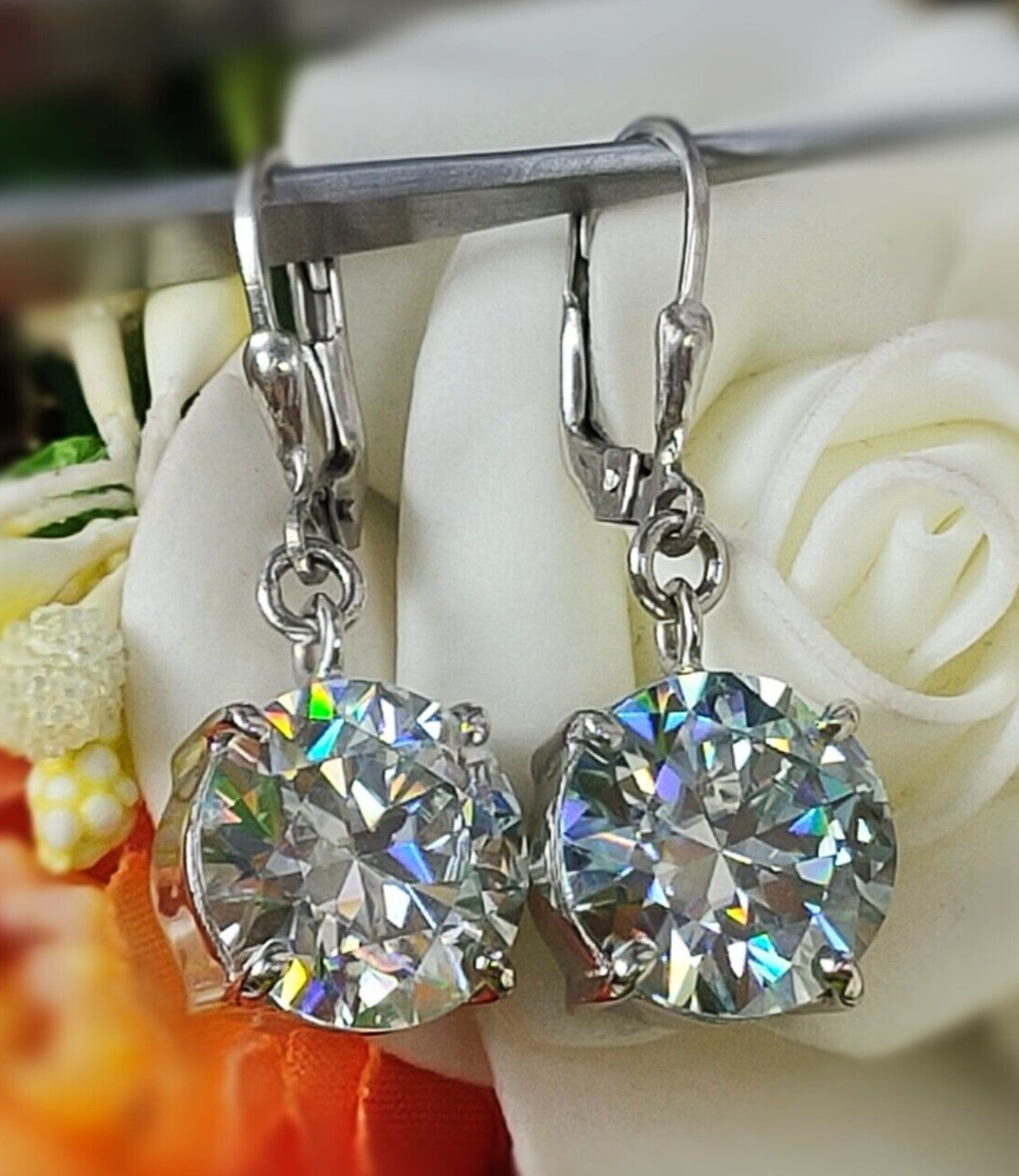 RARE 7.30 Ct White Diamond Solitaire Dangler Earrings, Excellent Cut & Luster