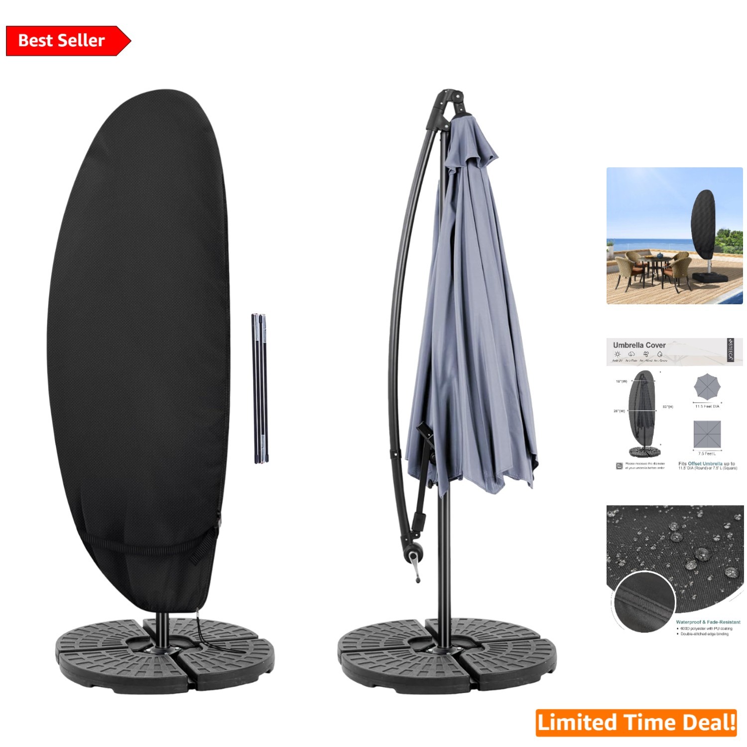 Patio Waterproof Umbrella Cover 7.5-11.5 Feet Black Durable