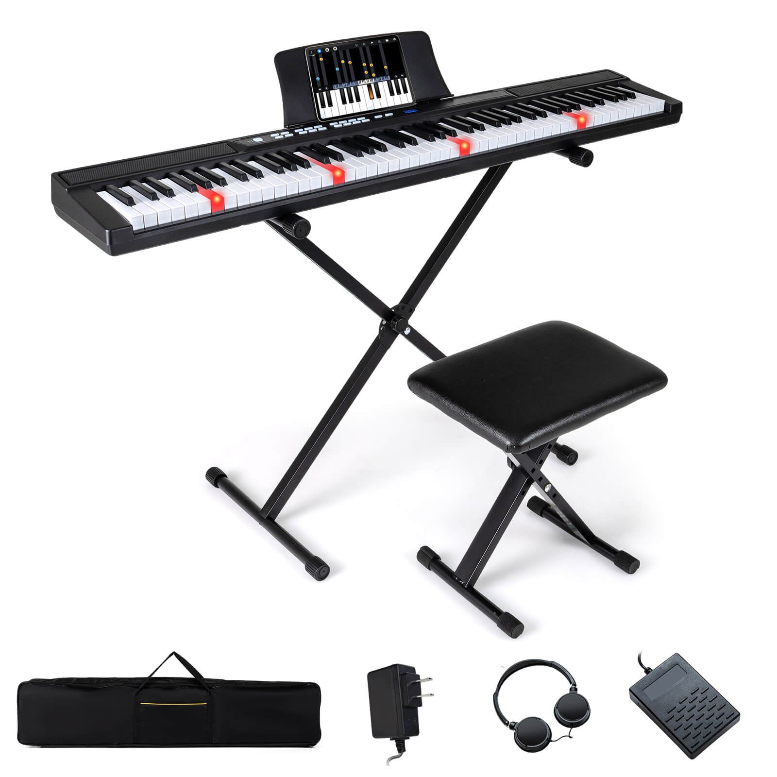 88-Key Electric Piano Keyboard w/Adjustable Stand Stool, Light-up Keys & Buttons
