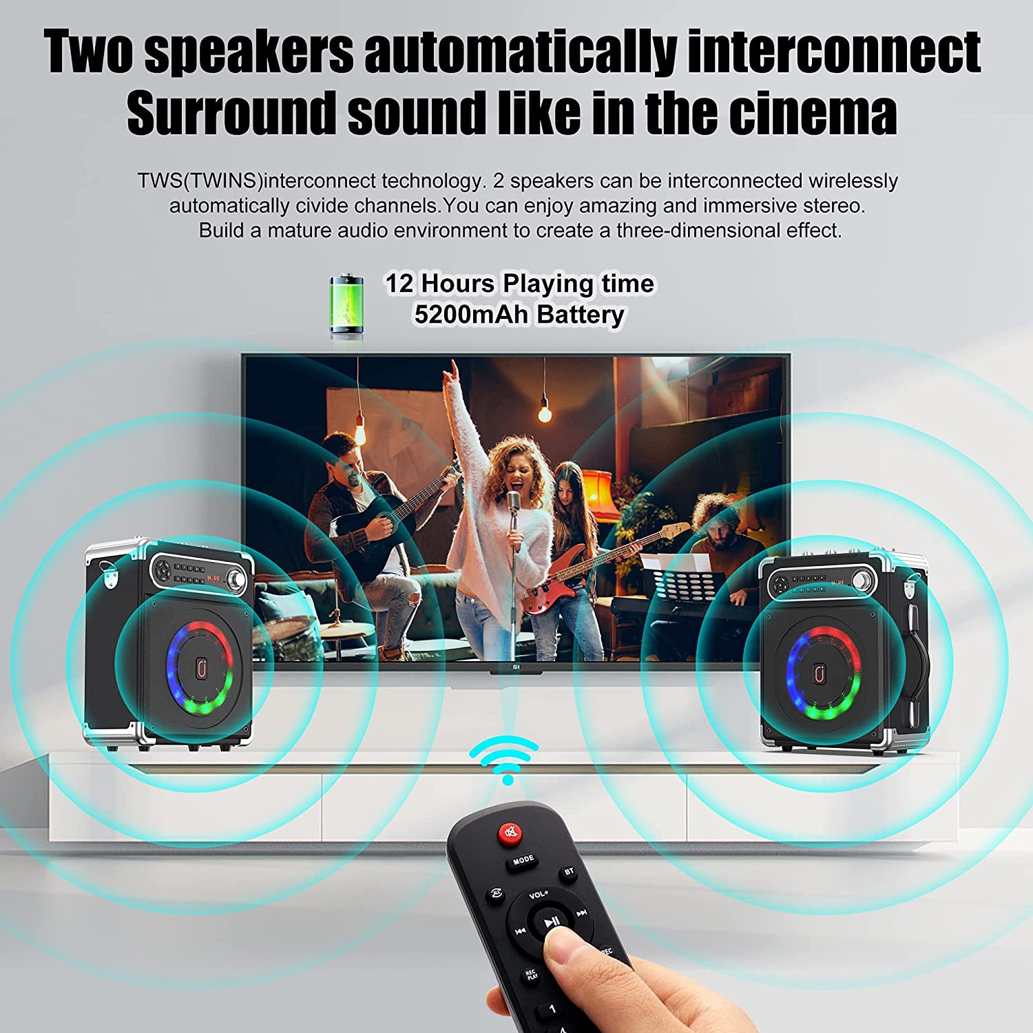 Karaoke Machine with Two Wireless Microphones, Portable Bluetooth Speaker with B