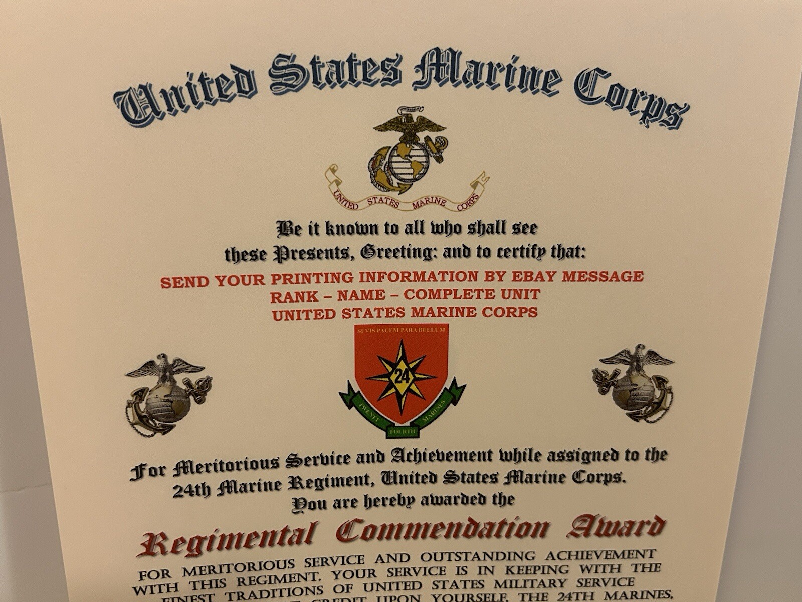 U.S.M.C. / 24TH MARINE REGIMENT - REGIMENTAL COMMENDATION AWARD CERTIFICATE