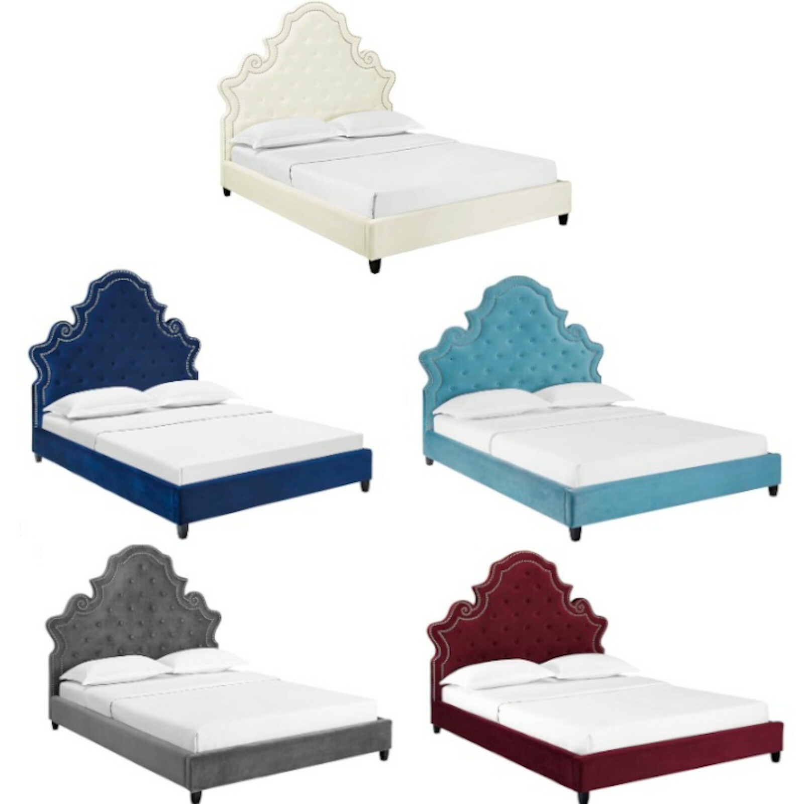 Queen Mod Victorian Velvet Platform Bed Nailhead Gray Ivory Maroon Navy Sea Blue