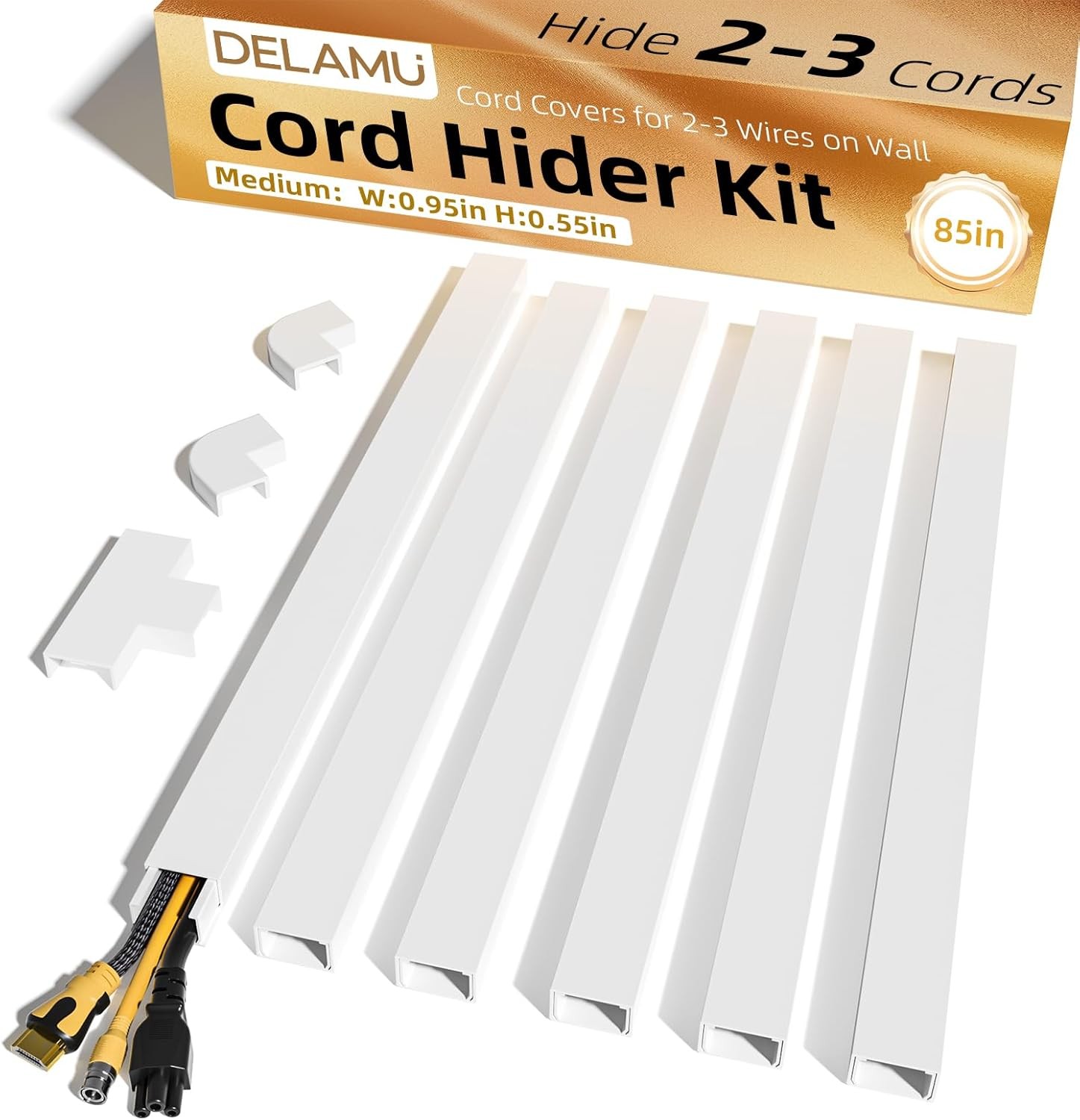 Cord Hider, 85in Cord Covers for 2-3 Wires on Wall, Self-Adhesive Cable Hider