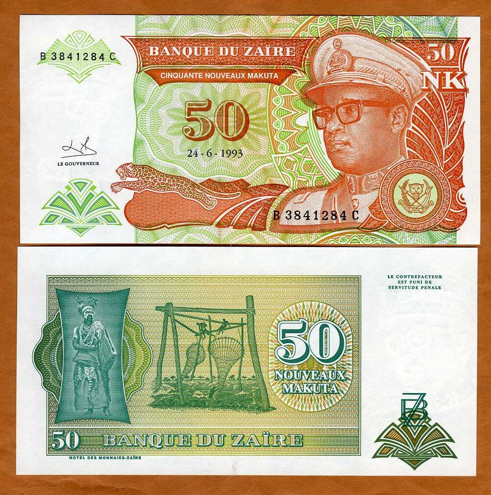 Zaire, 50 New Makuta, 1993, P-51, UNC Mobutu