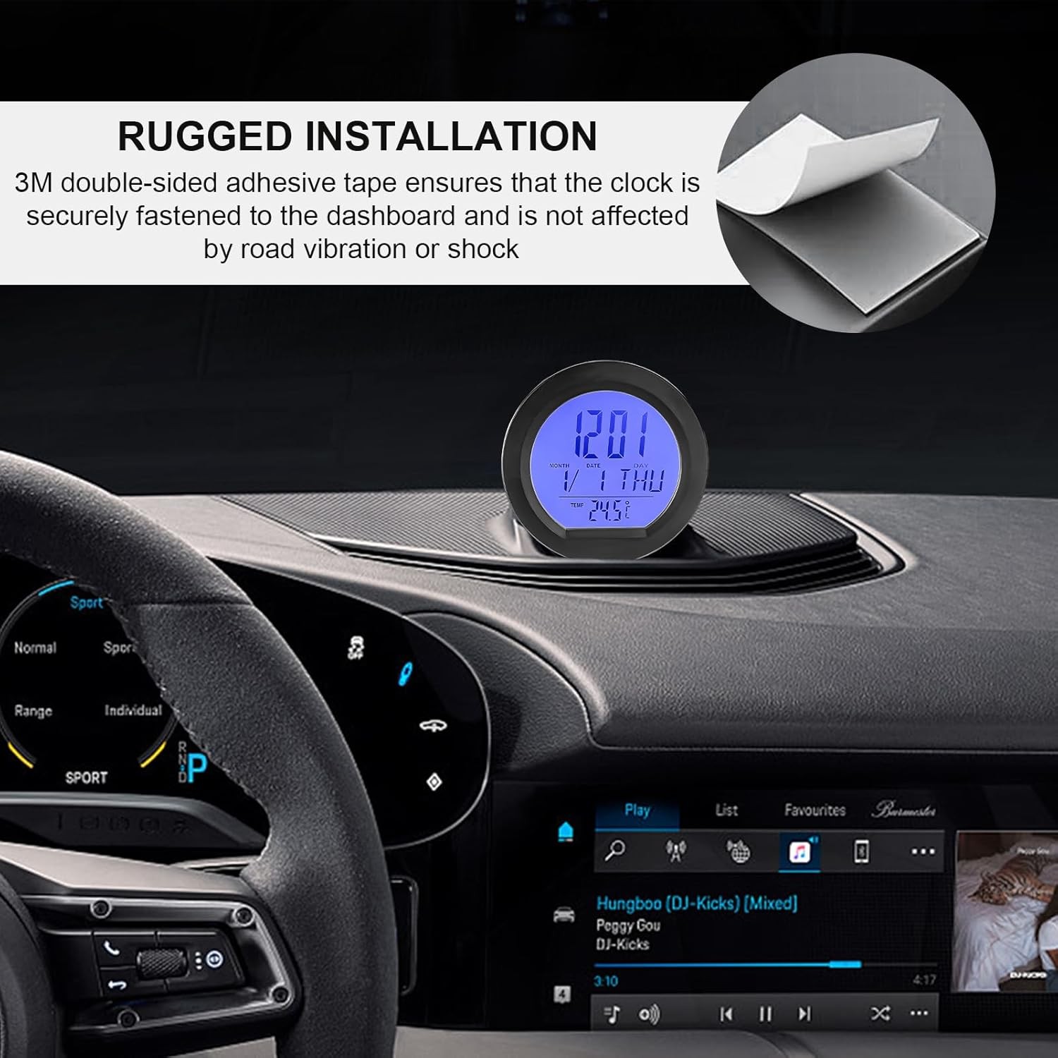 Car Digital Thermometer Clock, Dashboard Clock w Color: Standard Digital Clock