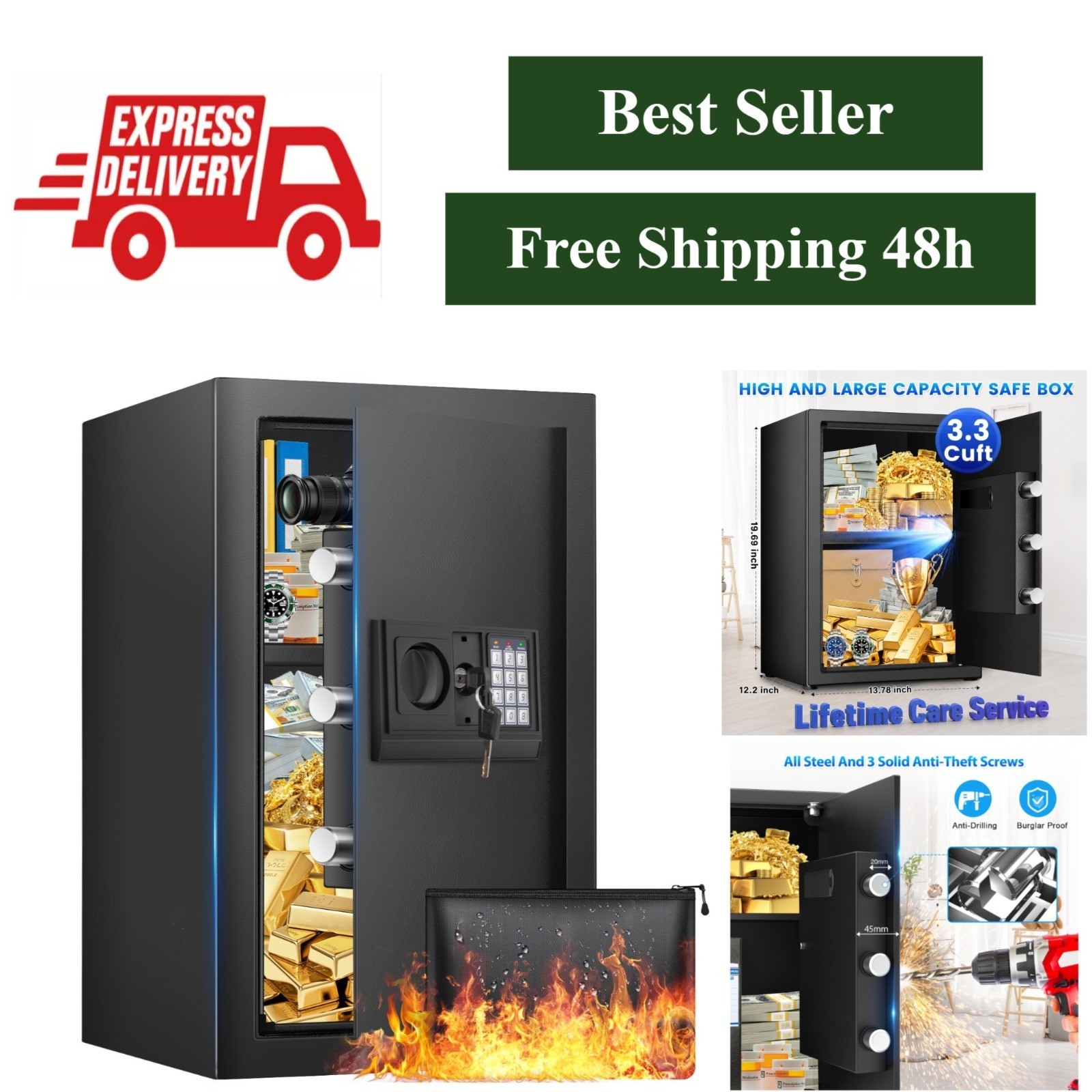FOWORE 3.3 Cuft Digital Safe Box with Alarm System & Removable Shelf