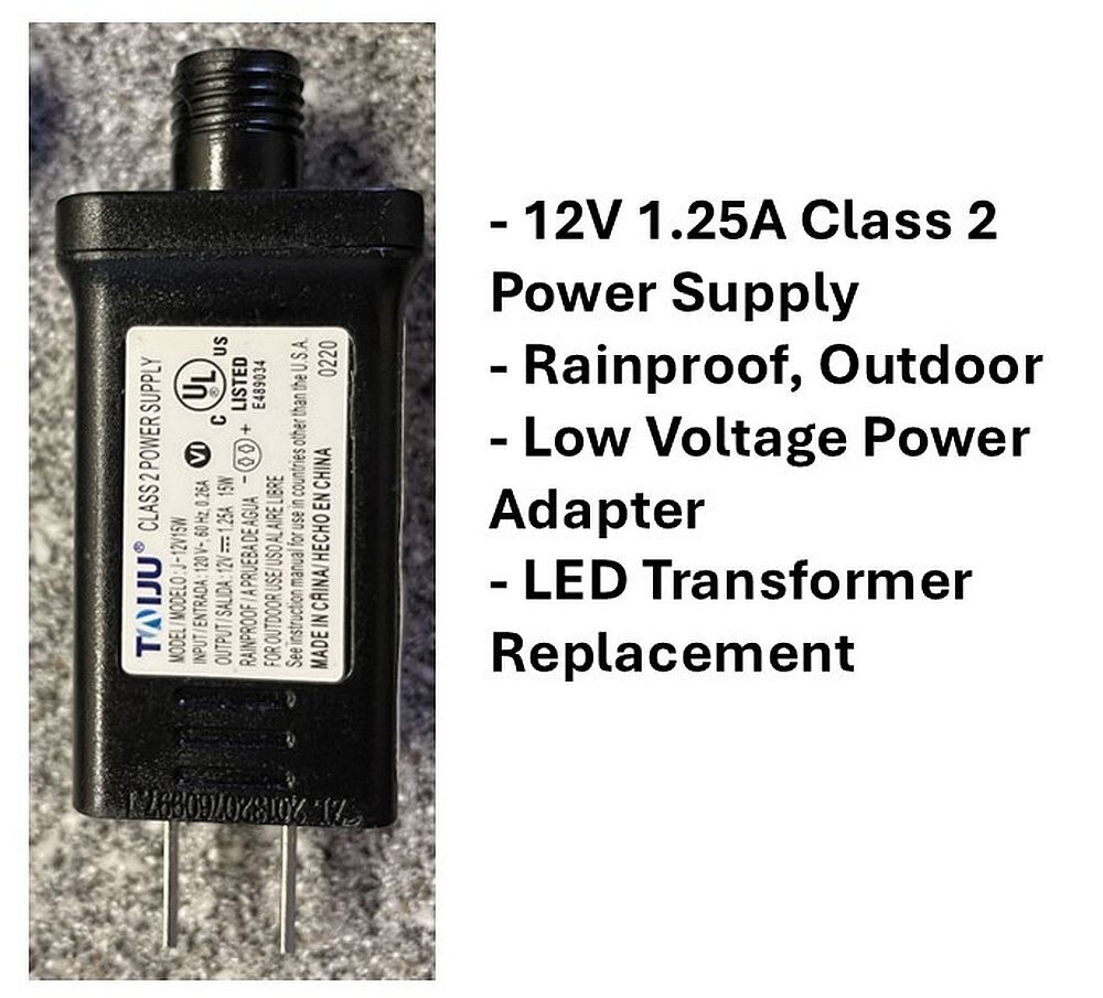 2-pack 12V 1.25A Class 2 Power Supply with Cords, Rainproof Inflatable Adapter