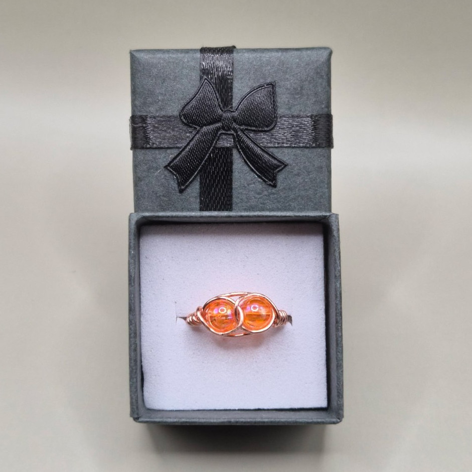 Handcrafted Copper Wire Wrapped Orange Glass Round Ring Size 5 Art Jewelry