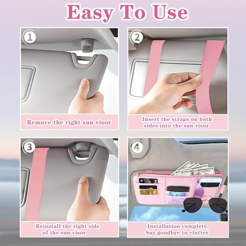 Sun Visor Organizer (Pink),Car Visor Storage Holder for Sunglasses, Documents,