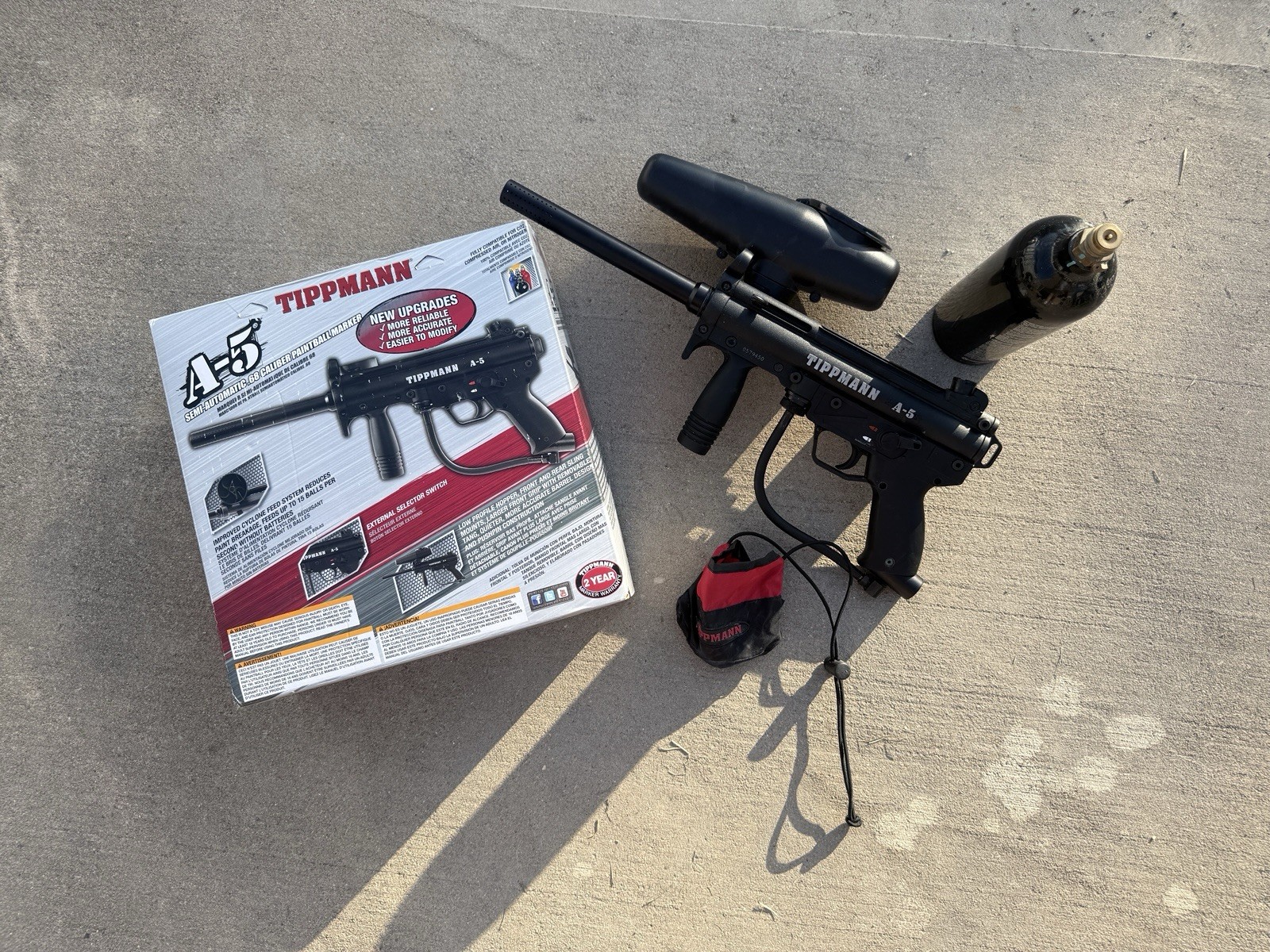Tippmann A-5 Paintball Marker w/ Flatline Barrel, Hopper, CO2 Tank & Stock
