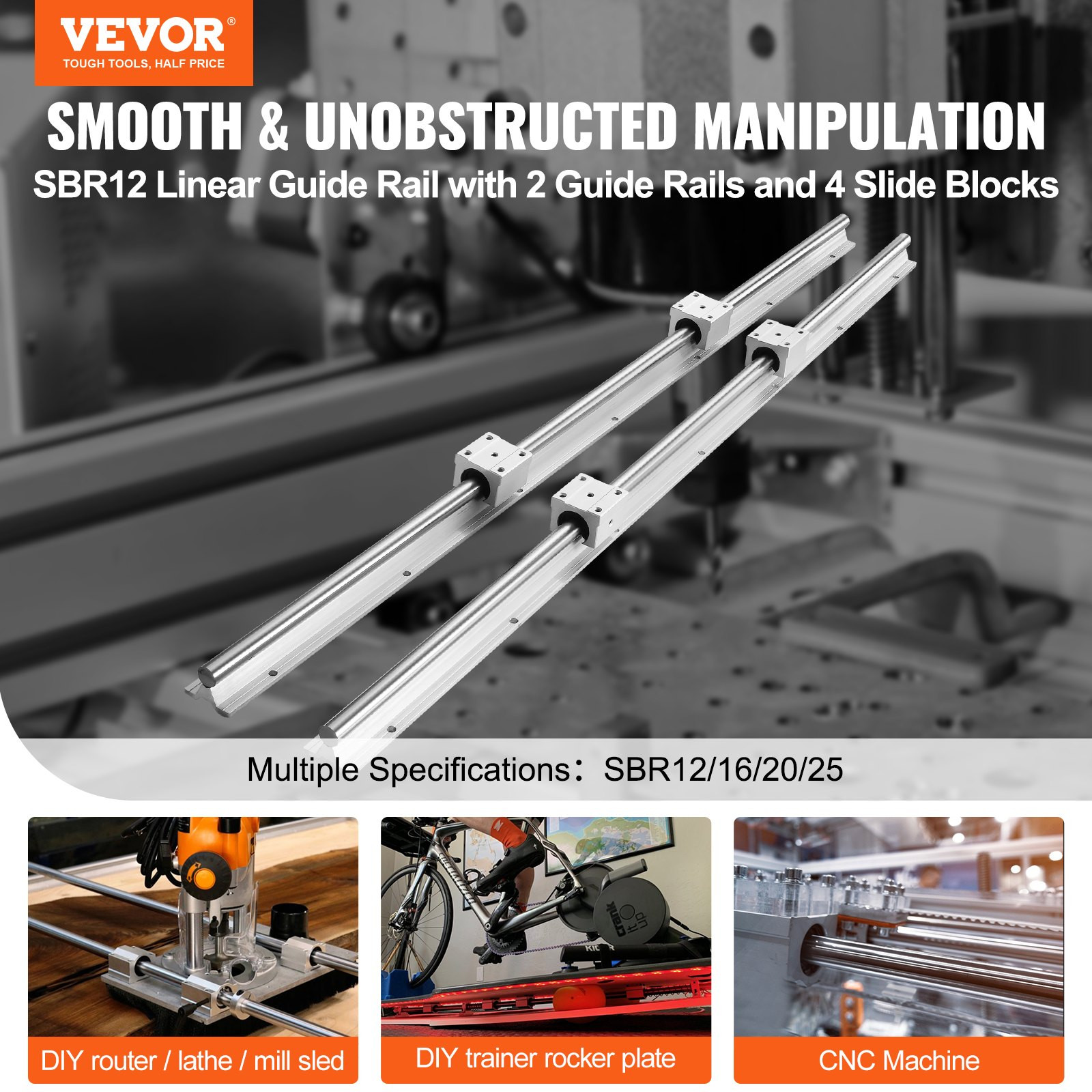 VEVOR Linear Guide Rail Set, SBR12 1000mm, 2 PCS 39.4 in/1000 mm SBR12 Guide Rai