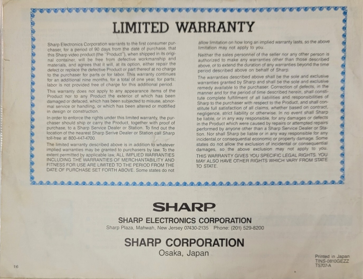 SHARP VIDEO CASSETTE RECORDER OPERATION MANUAL VC-7844U TH