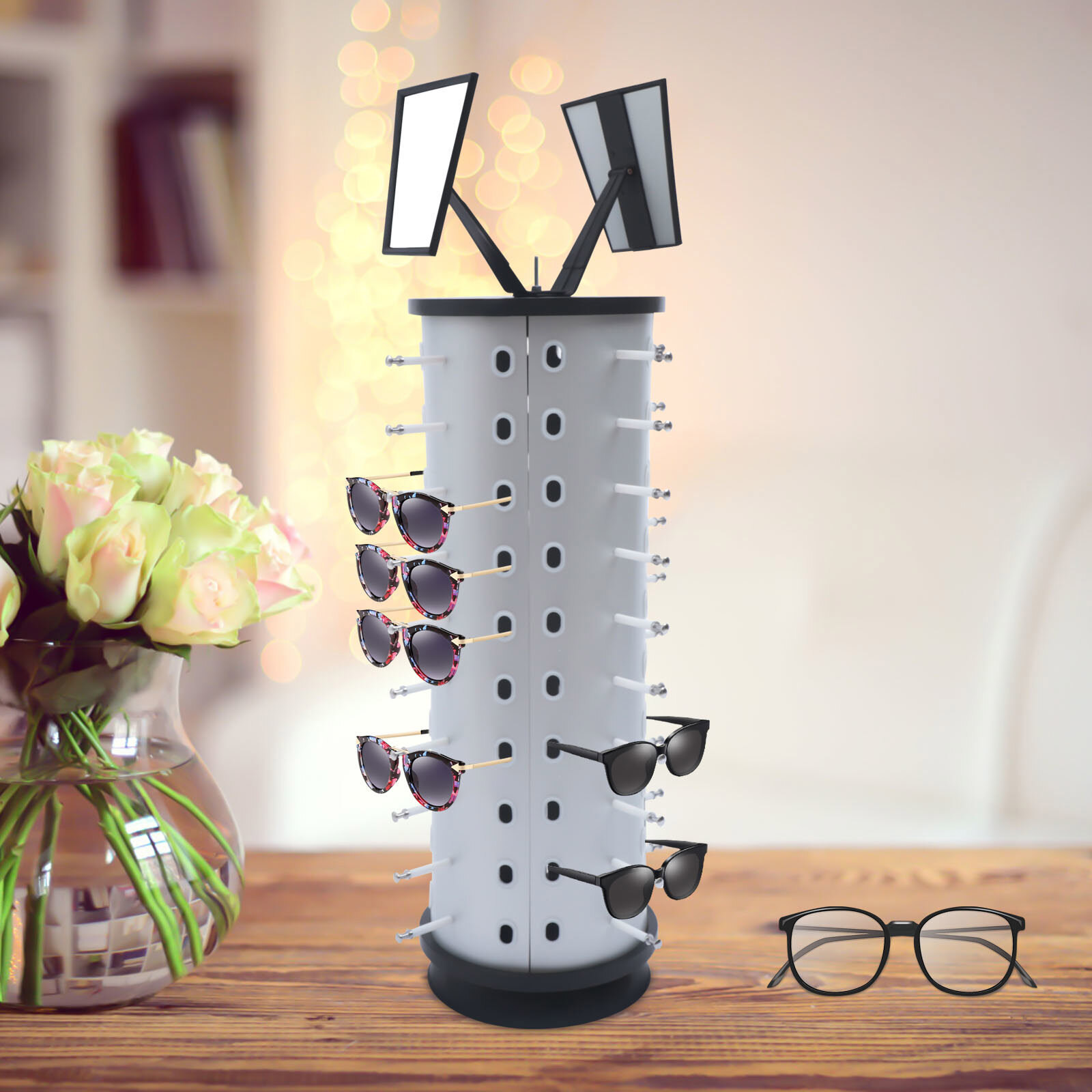 Sunglass Display Rack Rotating Metal 40 Pairs Glasses Stand Holder With Mirror