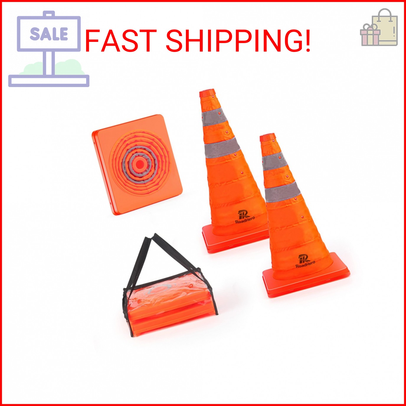 RoadHero 18 Inch 2 Pack Collapsible Traffic Safety Cones, Multi Purpose Pop-up C