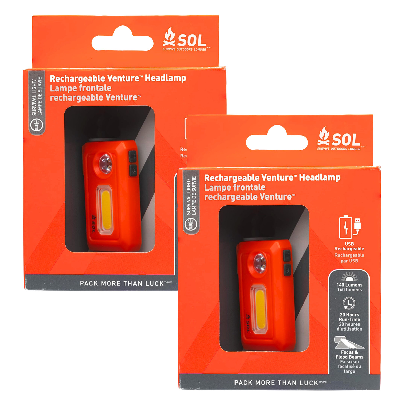 SOL Venture Rechargeable Headlamp: 5 to 140 lumens (Orange) [2-pack] 0140-1303