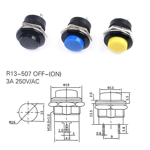 2 Pin Self-Resetting Mini Round 16mm Momentary Push Button Switch 3A 250V